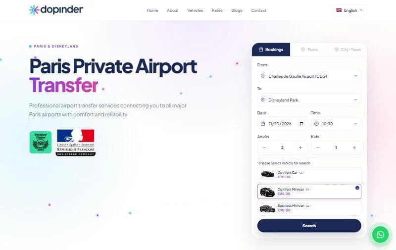 Dopinder booking website showing a Paris airport transfer search with prices for three vehicles