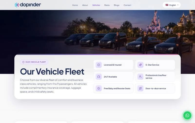 Fleet page with vehicle photos and service promises such as licensed and insured, 24/7 availability and free child seats