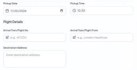Form fields for arrival flight or train number, origin and destination address