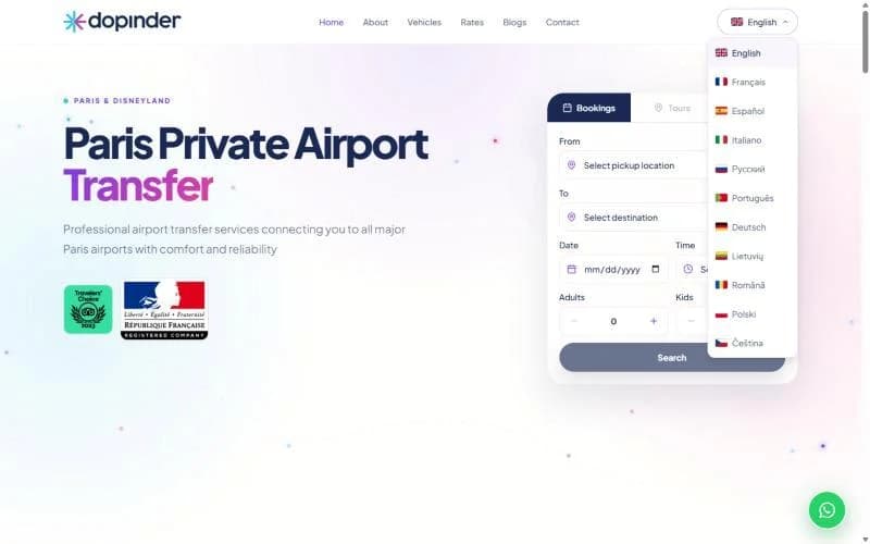 Language menu on the booking site listing English, French, Spanish, Italian, Russian, Portuguese, German and more