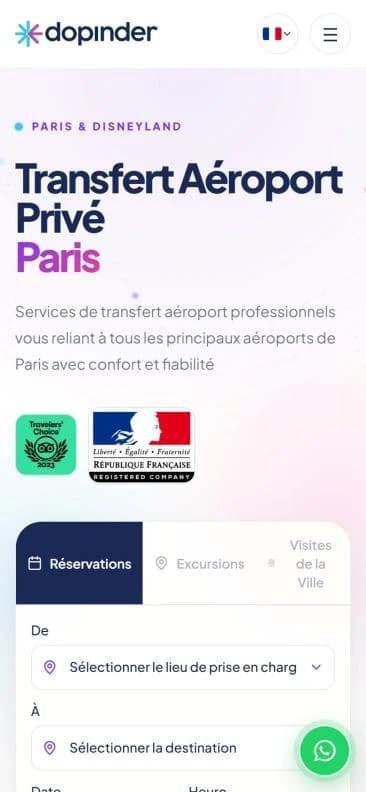 Dopinder booking site on a phone, showing a Paris private airport transfer page