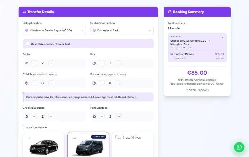 Booking page with return trip option, child and booster seats, luggage counters and a live booking summary