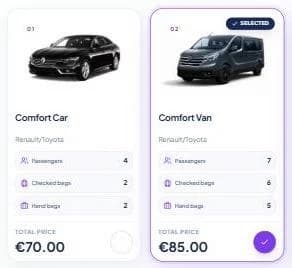 Vehicle cards showing passengers, checked bags and hand bags with a total price
